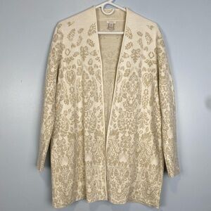 Chicos Women’s White Gold Metallic Open Front Duster Sz 2  Large Transition Chic